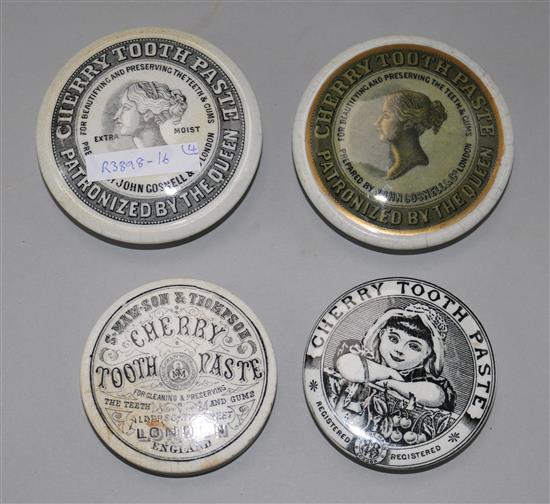 Four Victorian cherry toothpaste pot lids; May, Roberts & Co., John Gosnell and S. Maw, Son & Thompson
